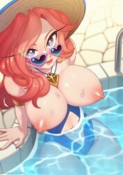 1girls big_breasts blue-tinted_eyewear blue_eyes blue_swimsuit boob_window breast_cutout breasts cleavage earrings eyewear glasses gold_earrings hat heart-shaped_eyewear heart_glasses heart_sunglasses league_of_legends lipstick looking_at_viewer looking_over_eyewear looking_over_glasses looking_over_sunglasses miss_fortune one-piece_swimsuit patreon patreon_username pink_sunglasses pool pool_party_miss_fortune pool_party_series pussy pussy_lips red_hair strongbana sun_hat sunglasses swimsuit tinted_eyewear water watermark wearing_glasses wet