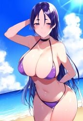 ai_generated big_breasts bikini bikini_bottom bikini_top breasts fate/grand_order fate_(series) female keinovelnovelai minamoto_no_raikou_(fate) minamoto_no_raikou_(fate/grand_order) purple_eyes purple_hair purple_swimsuit purple_swimwear solo swimsuit swimwear type-moon