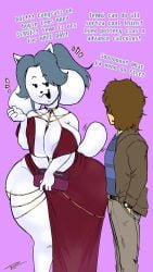 anthro before_sex date dress dress_up fakeryway frisk_(undertale) furry gray_hair human_male large_breasts pleasure_castle purse temmie_(undertale) thick_thighs undertale white_fur wide_hips