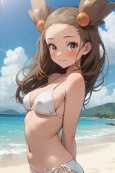 ai_generated arched_back beach blush gym_leader hands_behind_back jasmine_(pokemon) jasmineolivine light_smile looking_at_viewer ocean pokemon suggestive suggestive_look suggestive_pose white_bikini