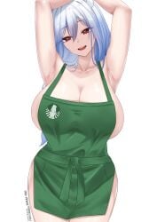 1girls amai-pai animal_ears apron apron_only armpits arms_behind_head barista bunny_ears bunny_girl curvy employee employee_uniform green_apron hololive hololive_fantasy hololive_japan holomilfs huge_breasts logo naked_apron pekomama slender_waist starbucks starbucks_barista thick_thighs virtual_youtuber wide_hips