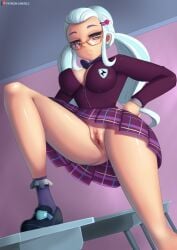 anus bottomless bottomless_skirt censored censored_genitalia censored_pussy cleavage crystal_prep_academy_student equestria_girls flashing glasses leg_lift leg_up lifting_skirt long_legs my_little_pony no_panties pussy school_uniform shoes skinny skinny_girl skirt socks sugarcoat tied_hair upskirt zelc-face