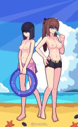 animated aozaki_aoko beach breasts female gif idle_animation kuonji_alice mahou_tsukai_no_yoru pixel_art raptorbr topless topless_female type-moon