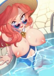 1girls big_breasts blue-tinted_eyewear blue_eyes blue_swimsuit boob_window breast_cutout breasts cleavage earrings eyewear glasses gold_earrings hat heart-shaped_eyewear heart_glasses heart_sunglasses league_of_legends lipstick looking_at_viewer looking_over_eyewear looking_over_glasses looking_over_sunglasses miss_fortune one-piece_swimsuit patreon patreon_username pink_sunglasses pool pool_party_miss_fortune pool_party_series pussy pussy_lips red_hair strongbana sun_hat sunglasses swimsuit tinted_eyewear water watermark wearing_glasses wet