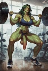 1futa ai_generated balls breasts dickgirl flaccid futa_only futadiffusion futanari gym hanging_balls marvel nsfw penis perfect_body ready_to_fuck she-hulk solo workout