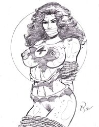 1girls artist_signature big_breasts bondage breasts chains drawn fantastic_four female female_only gagged hulk_(series) marvel marvel_comics michael_powell monochrome nipples pubic_hair she-hulk solo superheroine tagme tied_up torn_clothes