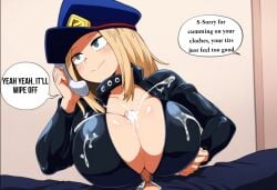 1boy 1girls ai_generated apologizing big_breasts blonde_hair breasts camie_utsushimi cleavage cum cum_on_breasts cum_on_clothes cum_on_shirt cumshot dialogue english_text female green_eyes leather_clothing long_hair male my_hero_academia novelai on_phone paizuri phone poshdog pov speech_bubble straight talking_on_phone talking_to_viewer text