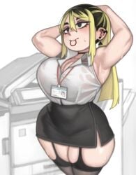 1girls blonde_hair breasts clothed female high_resolution huge_breasts kelvin_hiu light-skinned_female light_skin long_hair ochiai_san office_lady original original_character sweat sweaty_body thick_thighs