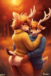 2boys ai_generated anthro antlers ass autumn boyfriends consensual cute deer deers diplive7 fall forest forest_background freckles_on_ass furry gay green_eyes hands_on_ass looking_back male october spots spots_on_butt spotted_fur squishing_ass sunshine sweater tail touching_ass trees