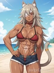 1girls abs ai_generated beach bikini blue_sky cat_ears cat_eyes cat_girl cat_humanoid closed_mouth clouds denim_shorts ear_fluff eyepatch female female female_focus female_only fly_open ghislaine_dedoldia girl gold gold_(metal) gold_jewelry hair_between_eyes jorgecarlosai long_hair mouth_closed muscular muscular_female mushoku_tensei open_fly red_bikini red_eyes sand scar sexy short_shorts shorts silver_hair tanned tanned_female tanned_girl tanned_skin thighs toned toned_arms toned_body toned_female toned_legs toned_stomach unbuttoned unbuttoned_shorts water watermark