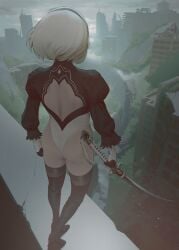 1girls ass ass_focus boots fajyobore gloves headband heels leotard looking_away nier nier:_automata nier_(series) short_hair sword thigh_boots thighs video_game video_game_character video_games white_hair yorha_2b