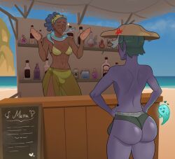 00lober00 1boy 1futa ass ass_focus back balls beach big_ass big_breasts big_penis bikini blue_hair breasts bulge clothed clothing dark-skinned_futanari detailed_background duo femboy flaccid futanari hat human humanoid light_skin male mostly_clothed mostly_nude penis purple_skin short_hair standing store