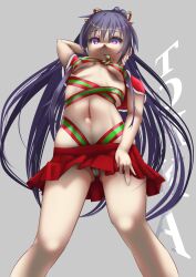 bondage breasts christmas_outfit date_a_live digitalfragment female female_only light-skinned_female long_hair purple_eyes purple_hair ribbon_bondage santa_costume solo solo_female thighs viewed_from_below yatogami_tohka