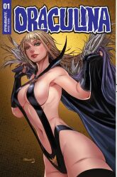 1girls absurd_res armwear artist_signature big_breasts black_clothing black_gloves black_sling_bikini blonde_female blonde_hair blonde_hair_female blue_eyes breasts cape character_name collette_turner comic_cover curvy curvy_body curvy_female curvy_figure draculina_(dynamite_comics) dynamite_comics female female_only fingerless_gloves gloves half_naked hi_res high_resolution highres hourglass_figure inner_sideboob large_breasts light-skinned_female light_skin long_hair red_lips revealing_clothes sideboob skimpy_clothes sling_bikini slingshot_swimsuit solo solo_female solo_focus vampire vampire_girl yellow_background