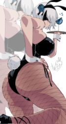 1girls ass big_ass big_breasts blindfold breasts bunny_ears bunnysuit female female_focus female_only fishnets hairband light-skinned_female light_skin nier nier:_automata omochi_db rear_view short_hair solo thick waitress white_background white_hair yorha_2b