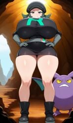 ai_generated angry big_breasts breasts cave criminal crobat female green_hair pokemon team_rainbow_rocket_grunt_(female) teamrocktgrl thick_thighs