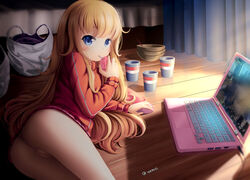 ass bag blonde_hair blue_eyes blush computer dkoro female female gabriel_dropout holding jacket juice_box laptop long_hair long_sleeves looking_at_viewer lying no_panties on_side pillow pussy solo tenma_gabriel_white twitter_username uncensored wooden_door