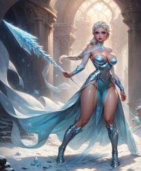 1girls ai_generated blue_eyes boob_window cleavage elsa_(frozen) frozen_2 league69 long_hair no_panties solo thighs weapon white_hair