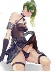 2futas arm_support armlet bare_shoulders big_breasts black_choker black_gloves black_panties breasts bulge censored chest_harness choker closed_mouth clothed clothes_lift clothing commentary_request elbow_gloves erection erection_under_clothes female futa_only futanari gloves green_hair halterneck harness highres human impossible_clothes impossible_dress light-skinned_futanari light_skin looking_at_viewer medium_breasts medium_hair mosaic_censoring mostly_clothed orange_eyes panties penis shiratama_(monster1553) side_ponytail sideways_glance sitting skindentation skirt skirt_lift smile solo sousou_no_frieren thigh_strap ubel_(sousou_no_frieren) underwear white_background