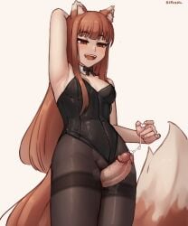 animal_ear_fluff animal_ears arm_behind_head armpits artist_name black_bow black_bowtie black_leotard black_pantyhose blush bow bowtie breasts brown_hair commentary cowboy_shot detached_collar disembodied_penis english_commentary erection female futanari futanary highres holo leotard long_hair looking_down open_mouth pantyhose penis precum red_eyes seraziel simple_background small_breasts smile solo_focus spice_and_wolf standing straight strapless strapless_leotard tail teeth testicles thigh_sex thighband_pantyhose white_background wolf_ears wolf_girl wolf_tail