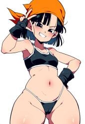 1girls aged_up ai_generated artist_request athletic_female bandana black_clothing black_eyes black_hair calvin_klein cameltoe dragon_ball dragon_ball_(series) dragon_ball_gt dragon_ball_z female female_only gloves grin huge_thighs looking_at_viewer muscular_female novelai pan_(dragon_ball) peace_sign short_black_hair short_hair smile solo solo_female sports_bra thick_thighs thong white_background wide_hips