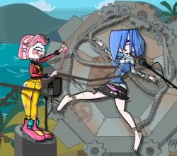 2girls ahe_gao big_breasts bondage chains clown clown_girl femdom femsub goth goth_girl kingflurry51 lezdom lezsub oc ocs original_character original_characters ripped_clothing sweat tickle_torture tickling torture torture_chamber torture_device yuri