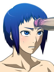 1boy 1girls androgynous bangs blue_eyebrows blue_eyes blue_hair blush blushing censored collarbone erect_penis erection eyelashes female ghost_in_the_shell ghost_in_the_shell_arise glans kurojiya kusanagi_motoko looking_at_penis mosaic_censoring penis penis_on_forehead poking short_hair sweat white_background