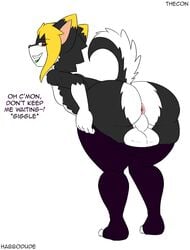 anthro anus ass balls bent_over big_butt black_fur black_nose blonde_hair desi dialogue english_text femboy fur furry furry_only girly habbodude hair looking_back male male_only presenting presenting_hindquarters red_eyes solo tagme tail text thecon white_fur