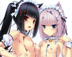 amber_eyes armband bell_collar black_hair blue_eyes breasts cat_ears catgirl chocola_(sayori) collar fluids food_on_body food_on_face hairbow hand_on_back hand_on_hip hand_on_shoulder looking_at_viewer maid_headdress nipples nude open_mouth pink_hair ribbons sayori side_hug vanilla_(sayori) wristband