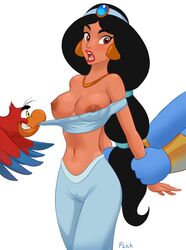 aladdin arabian_clothes assisted_exposure breasts cameltoe dark-skinned_female dark_skin disney disney_princess female flick genie genie_(aladdin) harem_outfit human iago large_breasts male nipples princess_jasmine restrained see-through straight surprised topless