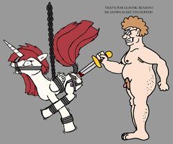 abuse armpit_hair blood blue_eyes bondage brown_hair chains clyde_revenge cutie_mark danger english_text forced friendship_is_magic gagged guro horn imminent_death knife lauren_faust long_hair moobs my_little_pony nipples overweight_male pubic_hair rape red_hair small_penis sword tail torture ugly_bastard wide_eyed wings