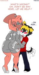 anthro ass ass_grab big_breasts blush breasts canine dialog duke_(thecon) english_text female green_eyes habbodude huge_ass machine male mechanical nude proxy_(character) robot smile tagme text thecon wolf