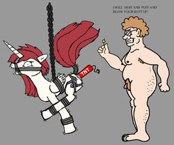 abuse armpit_hair blue_eyes bondage brown_hair clyde_revenge cutie_mark danger english_text fire forced friendship_is_magic gagged horn imminent_death lauren_faust long_hair moobs my_little_pony nipples overweight_male pubic_hair red_hair small_penis tail tnt wide_eyed wings