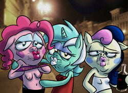 3girls anthrofied bonbon_(mlp) breasts earth_pony equine female female_only friendship_is_magic fur half-closed_eyes hotdiggedydemon hotdiggedydemon_(artist) looking_at_viewer lyra_heartstrings_(mlp) makeup my_little_pony nipples pinkie_pie_(mlp) pony shirt_lift straight_hair unicorn what