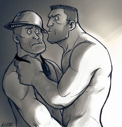 2boys black_and_white caught_in_the_act engineer engineer_(team_fortress_2) facial_hair gay goggles_around_neck hard_hat lintu lintufriikki male male_only nipple_peek nude shirtless soldier soldier_(team_fortress_2) tagme team_fortress_2