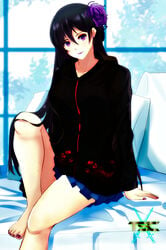 bangs bed bedroom bedroom_eyes black_hair collarbone deathelena_recreigialas earrings eyebrows_visible_through_hair eyeliner feet female female_only flower highres jacket lipstick logo original original_character painted_nails painted_toenails pillow purple_eyes sacredcourage sitting skirt smile the_legendary_tauran'creima the_legendary_tauran'creima:_star_beings_of_the_universe toes window