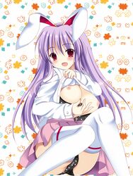 1girls big_breasts black_panties blush bunny_ears bunny_girl exposed_breasts lavender_hair panties polka_dot_panties red_eyes reisen_udongein_inaba shirt shirt_lift skirt smile solo stockings touhou unhooked_bra upskirt very_long_hair