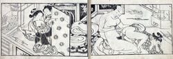 2boys 2girls anal cmnm erection exposed_ass fan fine_art gay japan kimono male monochrome nude penis pillow_book screen sex shunga straight_hair tied_hair traditional_art veiny_penis voyeurism yaoi