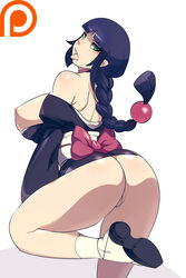 1girls anus ass bare_shoulders black_hair bleach bottomless bowtie braid braided_ponytail breasts collaboration dat_ass female green_eyes huge_breasts japanese_clothes kurotsuchi_nemu looking_back maniacpaint nipple_slip nipples no_panties obi oddrich pussy solo tongue tongue_out uncensored