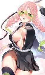 1girls beltskirt big_breasts blush bottomless braid braided_hair breasts cleavage demon_slayer female female_only green_eyes green_hair haori human kanroji_mitsuri katana kimetsu_no_yaiba large_breasts light_skin looking_at_viewer lowres_duplicate no_bra no_panties open_eyes open_mouth open_shirt pink_hair pleated_skirt sakiryo_kanna skirt solo sword thick_thighs thigh_gap thighhighs thighs twin_braids two_tone_hair unbuttoned_shirt uniform