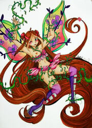 1girls 4kids_entertainment believix breasts dead-kittens3 fairy flora flora_(winx_club) flower flower_in_hair jpg nickelodeon pussy rainbow_(animation_studio) signature tagme traditional_media_(artwork) vines white_background wings winx_club