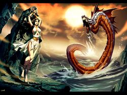 andromeda_(greek_mythology) black_hair bondage bound bound_wrists cetus chained chains female genzoman greek_mythology monster mythology nipple_bulge ocean sea_monster torn_clothes water