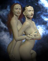 2013 3d alien ass_grab breast_grab breasts butt_grab cardassian_(species) collarbone duo female jaguarry3 long_hair nude original_character side_view star_trek yuri