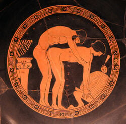 1boy anal ancient ancient_art bent_over female fine_art greek_mythology greek_pottery male manly_works nude penis public_domain red-figure_pottery sex straight straight_hair traditional_art