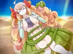 1boy blue_eyes cactus clothed_female_nude_male female femdom game_cg long_hair looking_down luka_(mon-musu_quest!) mon-musu_quest:_paradox monster_girl monster_girl_quest naughty_face pale_skin peach_hair plant plant_girl ribbon smile tentacle