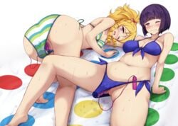 2girls ass bangs bikini blonde_hair blue_bikini blunt_bangs blush bow breasts clenched_teeth dildo drill_hair eromanga_sensei hairbow long_hair looking_at_viewer medium_breasts multiple_girls navel object_insertion one_eye_closed open_mouth pink_bow pink_eyes ponytail purple_eyes red_bow senju_muramasa short_hair striped striped_bikini swimsuit teeth twin_drills twister vaginal_object_insertion vaginal_penetration vibrator vibrator_under_clothes vibrator_under_swimsuit wavy_mouth white_background yamada_elf yuzumiya_mono