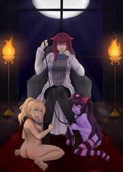 bondage breasts cecil chrome_(mon-musu_quest!) collar femdom femsub leash monster_girl_quest multiple_girls multiple_subs naked_stockings nude promestein stockings thighhighs throne witchofavalon yuri