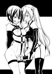 2girls abs armbinder ball_gag black_and_white black_legwear blush bondage bondage_outfit collar dominatrix eudetenis female female_only femdom fire_emblem fire_emblem_awakening gag gagged harness kjelle_(fire_emblem) monochrome monoglove multiple_girls nipples pussy severa_(fire_emblem) short_hair slave smile thighhighs twintails vibrator yuri