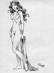 1990s 1993 breasts clothing dc_comics eric_shanower female female_only full_body holding_clothing human looking_at_viewer monochrome nipples nude side_view solo standing straight_hair tagme white_background wonder_woman wonder_woman_(series)