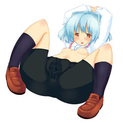 bike_shorts blue_hair blush breasts brown_eyes clitoris highres itou_ayachi morishita_koyomi panties pussy pussy_juice short_hair through_clothes uncensored underwear wet_panties yoku_wakaru_gendai_mahou